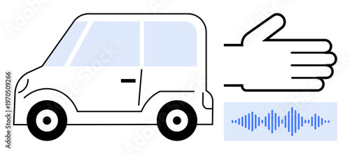 Autonomous vehicle concept. Features car, hand gesture, and sound wave driverless technology. Autonomous vehicle control, navigation, and safety. For tech, AI transportation mobility