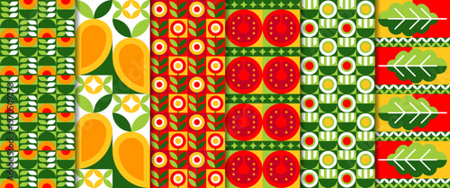 Modern geometric vegetables seamless patterns. Vector repeating tiled layout with tomato slices, leaves shapes. Decorative background with bold color blocks, abstract plant motifs, retro food ornament