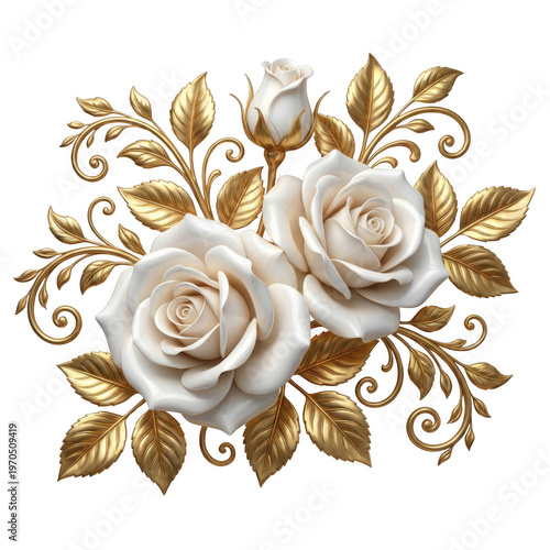 Ornate White Roses and Golden Leaves Floral Arrangement