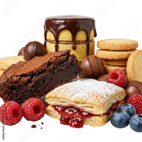 Assorted Gourmet Desserts with Chocolate Brownie Jam Pastry and Fresh Berries