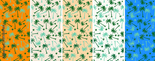 5 tropical coconut trees vector patterns in different colors, featuring light and dark green palms, seamless design