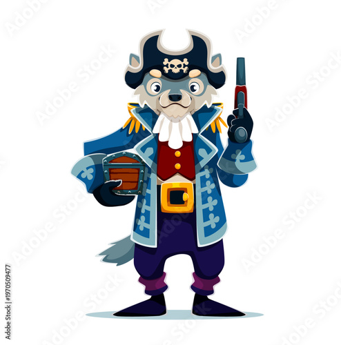 Cartoon wolf captain pirate character with grey fur, dressed in an elegant blue coat with gold decorations and tricorn hat. Corsair holds a treasure chest in one hand and pirate pistol in the other