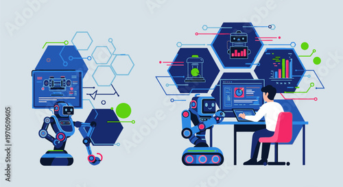 Robots and person working together on technology projects at office desk with screens