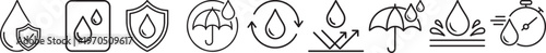 Black and white line of various water droplet symbols and shield umbrella checkmark