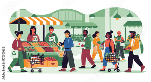 People shopping for Food at an outdoor Market with Stalls and Carts