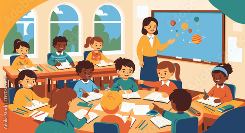 A teacher explains concepts to students in a classroom setting with desks and a board.