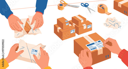 People packing and sealing parcels with tape and labels indoors