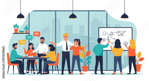 Colleagues collaborate in modern office space with coworkers discussing