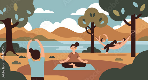 People practice yoga and gymnastics in a serene natural landscape with trees and water