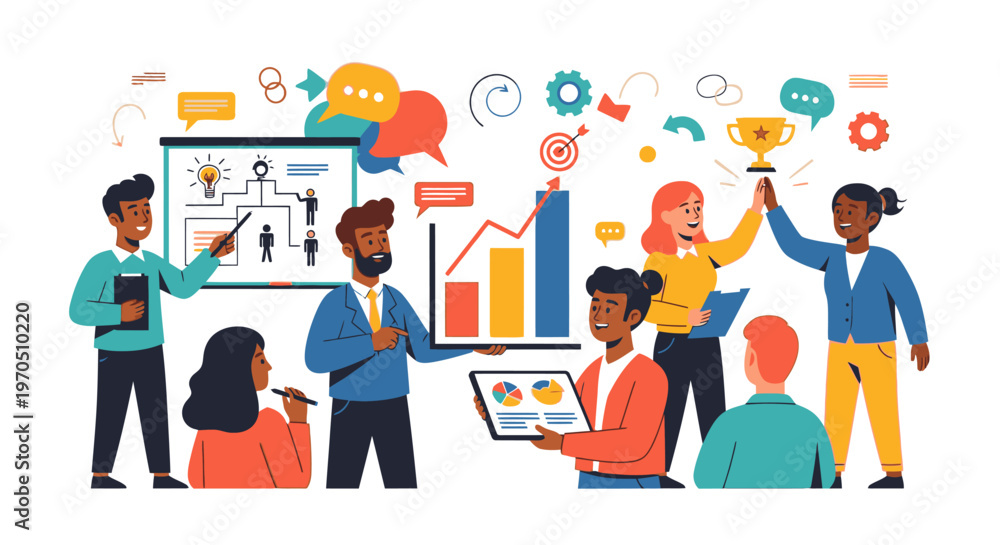 Obraz premium People collaborating on a project with graphs and charts in a modern office environment