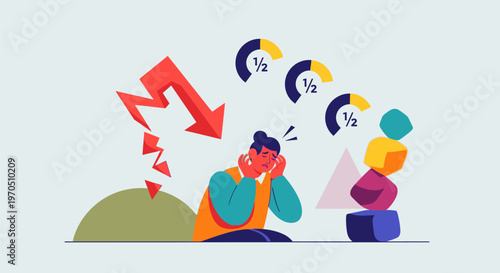 Businessman feeling stressed with falling graph and charts nearby indoors