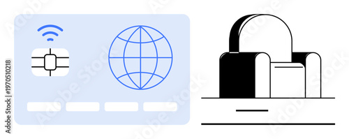 Digital security, technology access, authentication, minimalist design, seating furniture, modern space. Chip card with globe and lines. Digital security and technology access concept