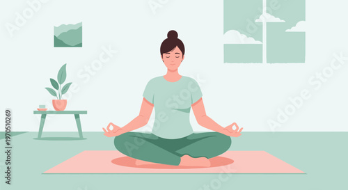Woman meditates peacefully on mat in serene indoor setting with plants