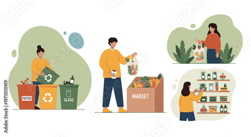 People collecting and sorting food and waste in market environment