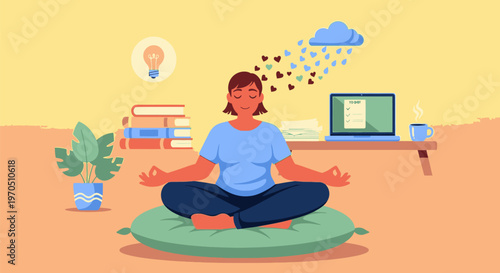Woman meditates peacefully indoors with laptop nearby on a cushion