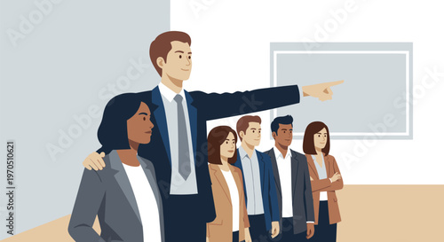 A businessman presents to a diverse group of colleagues in a modern office setting.