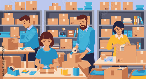 Employees packing boxes in a warehouse with shelves and coworkers