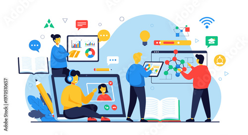 People collaborate on project with technology and data around them in office