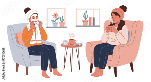 Two women sit in cozy living room chatting and drinking tea together