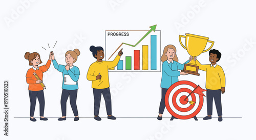 People celebrate achievement with chart and trophy in office