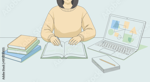 Woman studying at desk with books and laptop indoors
