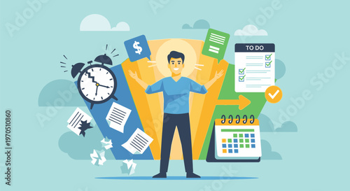 Businessman overwhelmed by paperwork and schedules in office environment