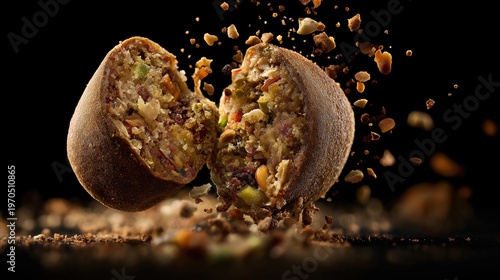 Extreme macro shot of a premium pet food pellet broken open to reveal fresh chunks of meat and vegetables with flying particles, representing high-quality animal nutrition and transparency in pet care