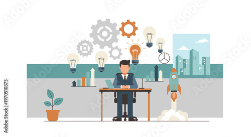 Businessman working at desk with robot assistant in modern office setting