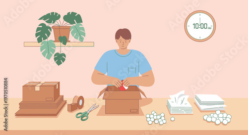 Person packing boxes in a room with office supplies and a clock