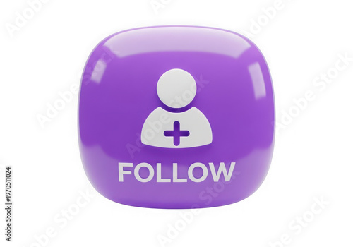 Purple follow button with a user icon and plus sign on a glossy cube