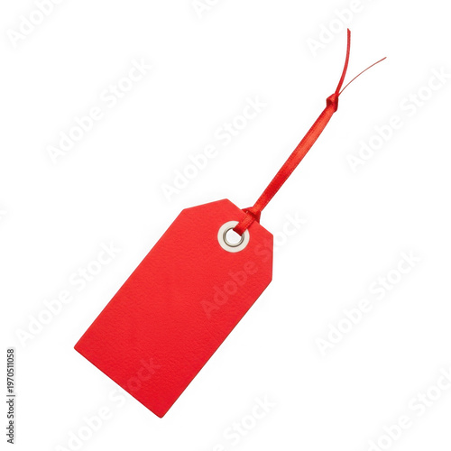 Bright red price tag attached to a red string for retail or inventory purposes