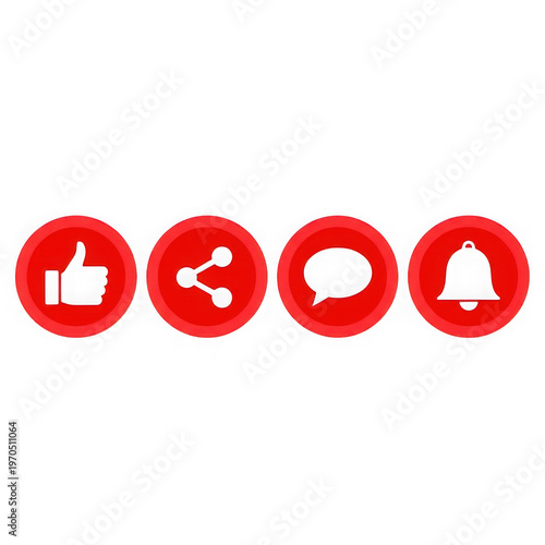 Four red circular icons representing different social media interactions.