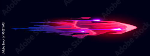 Fantasy cartoon game gun effect. Vector weapon trail with pink fire, a blue smoke trail, and glowing fiery sparks. Magical effect for enchanted weapon, fantasy gams or cosmic battle