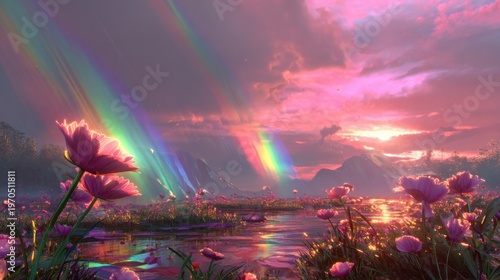 Cinematic advertising-style dreamlike landscape with neon tempest energy, a central luminous flower bloom bathed in prismatic spectrum that fans into rainbow beams across lush fields, reflected on a