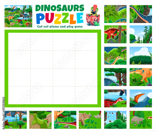 Animals jigsaw puzzle with prehistoric dinosaurs, kids logic game. Kids jigsaw puzzle vector worksheet with Shunosaurus, Apatosaurus, Carnotaurus and Kentrosaurus dinosaur animals jungle landscape