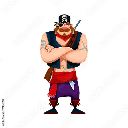 Cartoon pirate and corsair character. Bold sea raider captain with tattoos and sword. Vector confident nautical fantasy personage has fierce expression and crossed, ready for maritime sea adventure