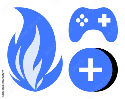 Gaming design. Blue flame, gaming controller, and plus icon creativity in gaming. Gaming visual aids design, branding, esports , virtual identities, and entertainment use