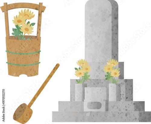 Japanese Cemetery Grave Visit with Flower Offerings Illustration Set