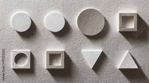 Minimalist micro-geometry study featuring tiny shapes—circles, squares, triangles, and hexagons—arranged in a precise grid on a clean neutral background. Sharp edges with subtle soft shadows, high-co