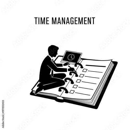Time management strategy: A silhouette of a focused professional, meticulously planning and organizing tasks on a giant to-do list, emphasizing efficient time management in a professional context.