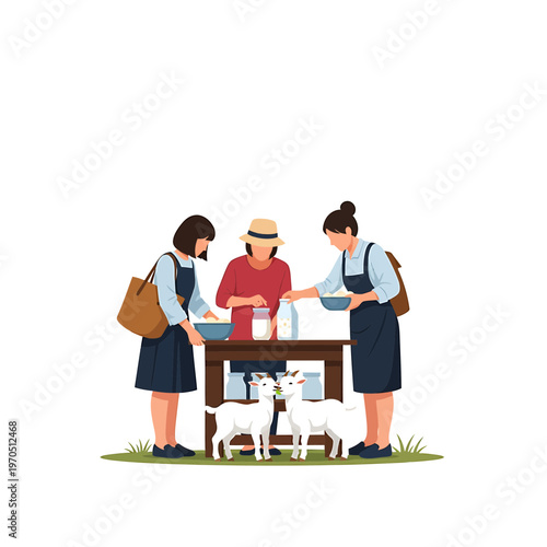 Goats and Dairy Farmer: A farmer stands with her customers preparing fresh dairy products on a sunny day. Capturing the essence of a wholesome business and community connection.