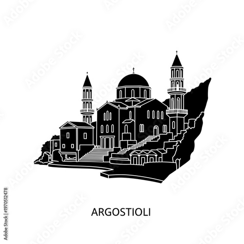 Argostoli Architecture: A stunning vector silhouette of a majestic building complex in Argostoli, showcasing the city's architectural grandeur and historical significance.