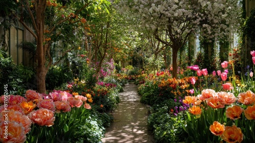 Sunlit garden corridor dominated by vibrant tulips and roses; tulips foreground and prominent, roses bold with salmon, peach, and coral-pink accents; overhead white dogwood blossoms; interspersed wit