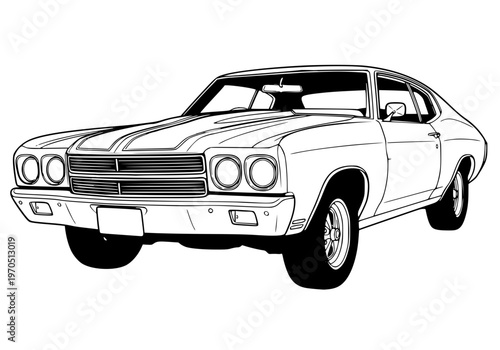 Classic 1970s American Muscle Car Vector Illustration, Vintage Fastback Coupe Line Art