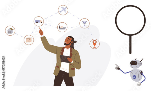 Logistics, artificial intelligence, communication, data analysis, planning, innovation. A man pointing at logistics icons with tablet, AI robot and magnifying glass icon. Logistics and artificial