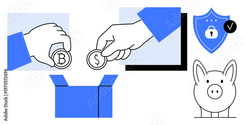 Cryptocurrency concept. Cryptocurrency illustrated with Bitcoin and dollar coins, digital security icon, and a piggy bank. Cryptocurrency for secure transactions, online payments, and savings