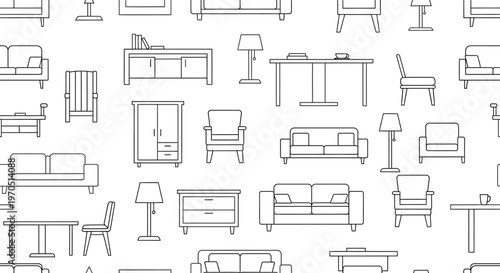 Seamless Pattern of Hand-Drawn Furniture Icons.