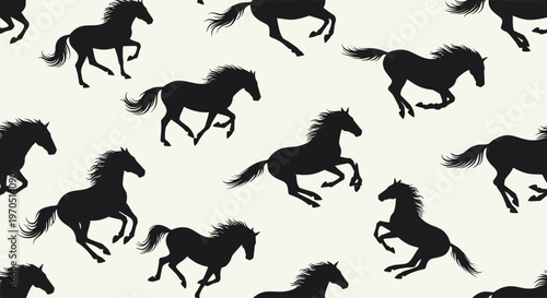 Seamless Pattern of Galloping Horse Silhouettes in Motion.