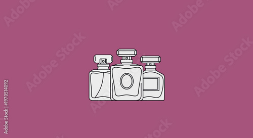 Three Elegant Perfume Bottles in Minimalist Outline Style.