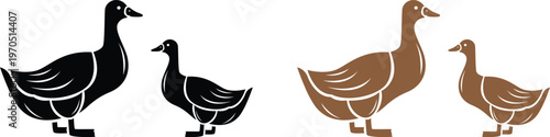 Duck icon illustration set featuring standing duck silhouettes. 